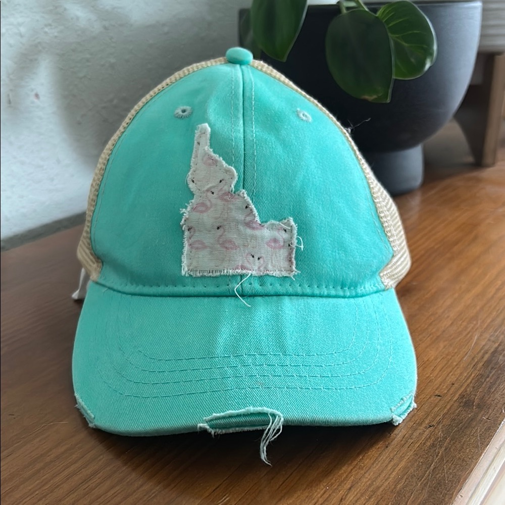 Idaho Teal and Tan Distressed Baseball Mesh Cap with Idaho Patch Flamingos